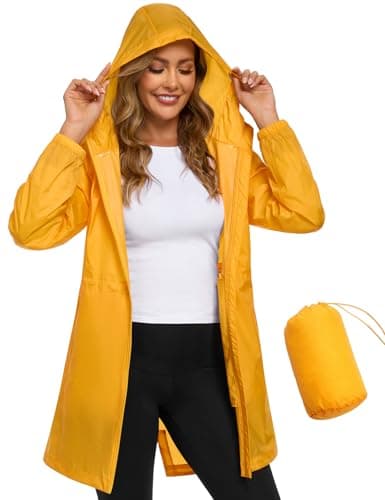 Image of CMTOP Waterproof Jacket Women Lightweight Packable Rain Jackets Casual Hooded Windbreaker Breathable Functional Raincoat Mid-length Outdoor Softshell Jacket for Walking Hiking(Yellow, M)