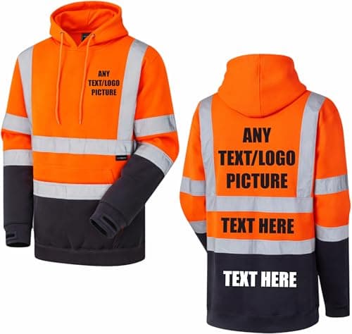 Image of Personalised Orange/Navy Hi Vis Two Tone Pullover Hoodie Safety Workwear with Logo or Text, High Visibility Hoody by Brook Hi Vis (Orange/Navy, Medium)