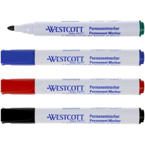 Image of Westcott Permanent Marker 4 pieces Black, Red, Blue, Green | Set of waterproof marker pens | 1.5-3.0 mm bullet tip | lightfast, quick-drying, smudge-proof | E-713009 00