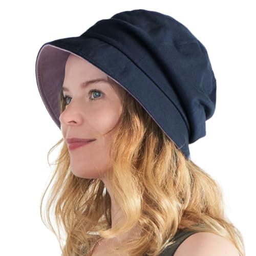 Image of CHARM Womens Organic Cotton Sun Hat - Japanese Summer Reversible Chemo Cap Elastic Navy & Purple