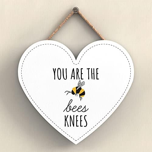 Image of Global Designs You Are The Bees Knees White Bee Themed Decorative Wooden Heart Shaped Hanging Plaque