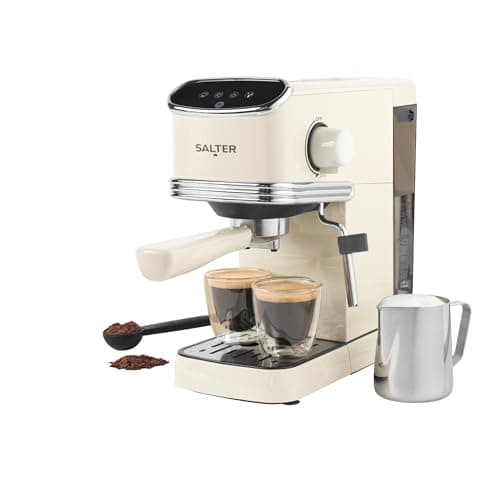 Image of Salter Retro Cream Espresso Machine – Coffee Machine with Milk Frothing Wand, Cappuccino/Latte, 20-Bar Pressure Pump, 1.35L Water Tank, Ground Coffee, Single/Double, Digital LED Display, 1350W