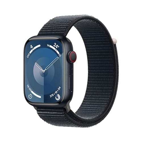 Image of Apple Watch Series 9 [GPS + Cellular 45mm] Smartwatch with Midnight Aluminum Case with Midnight Sport Loop One Size. Fitness Tracker, Blood Oxygen & ECG Apps, Always-On Retina Display, Water Resistant