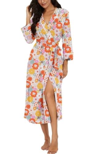 Image of PrinStory Women Dressing Gowns Causal Kimono Robes Long Bathrobe Soft Womens 3/4 Sleeve Ladies Loungewear (Yellow Pink Flower, M)