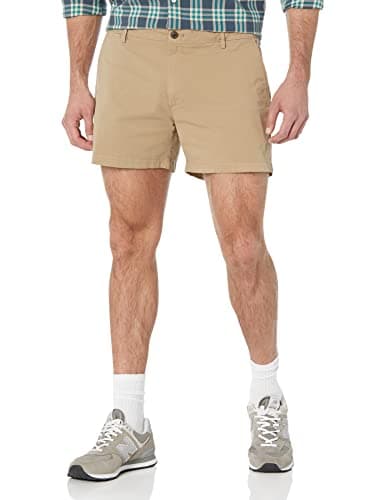 Image of Amazon Essentials Men's Slim-Fit 5" (13cm) Flat-Front Comfort Stretch Chino Shorts, Khaki Brown, 36W