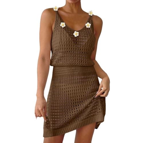 Image of Ladies Swimming Costumes Crochet Hollow Out Beach Cover Up with Knit Flower Design Elegant Spaghetti Strap Sarong Solid V-Neck Swimming Beach Dress for Tropical Holiday Retreats Coffee