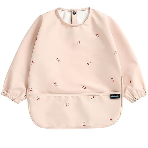 Image of PewinGo Weaning Bib with Long Sleeves & BLW, Soft and Skin-Friendly Material, Coverall Bibs for Baby Feeding, Waterproof and Easy to Clean & Machine Washable, for Baby Infant Toddlers (Pink)