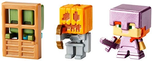 Image of Mattel Minecraft Series 4 Mini Figs Alex w/Ench Armr, Skltn w/Pmpkn Armr N Zomb at Door