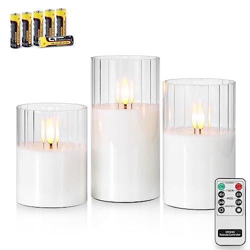 Image of Rhytsing Clear Ribbed Glass Battery Operated LED Candles with Remote, White Flameless Candle Gift Set with Timer for Weddings and Christmas, Warm White Light- 6 Batteries Inclued - Set of 3