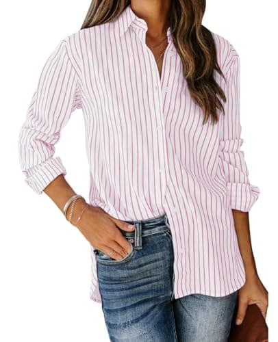 Image of MINTLIMIT Women's Striped Button Down Shirts Casual Long Sleeve Blouses Tops with Pockets for Ladies, Pink & White