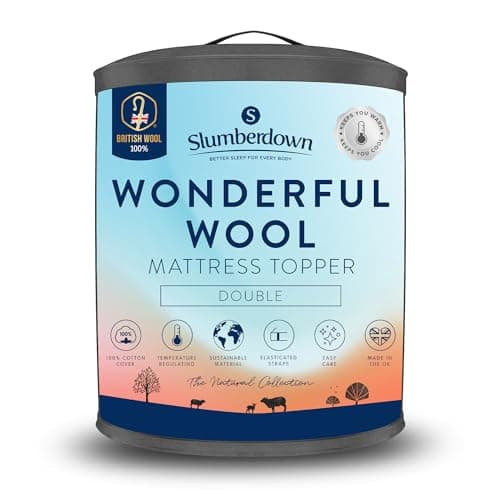 Image of Slumberdown Wool Mattress Topper Double Bed - 100% Natural British Wool Mattress Cover, Temperature/Moisture Regulating Luxury Bed Topper - 233tc Soft Cotton Cover, Hypoallergenic (135 x 190cm)