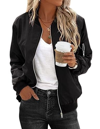 Image of Zeagoo Jacket Women Lightweight Zip Up Bomber Jackets Long Sleeve Black Coat Flight Top with 2 Pockets XXL