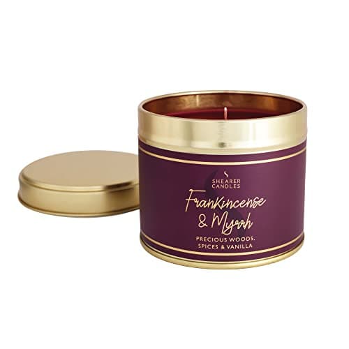 Image of Shearer Candles Frankincense and Myrrh Large Scented Gold Tin Candle - Burgundy