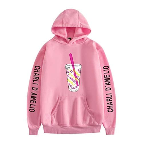 Image of Yumenam Unisex The Hype House Hoodie Long Sleeve Charli D'Amelio Printed Hooded Pullover Tops with Pocket Sportswear Sweatshirt Pink