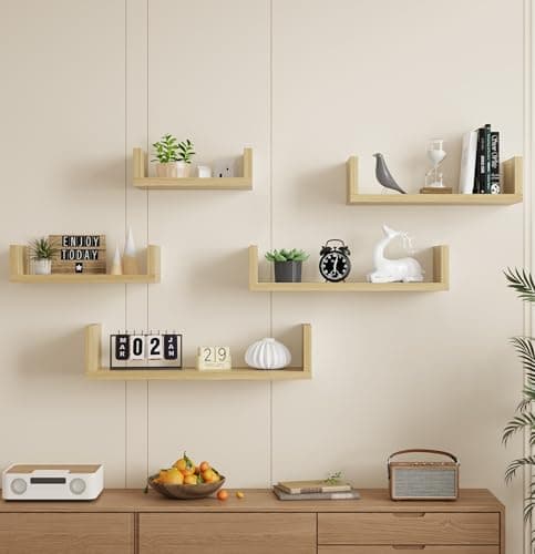 Image of AVC Designs Floating Shelves Set Of 5 Wall Mounted Decorative Wall Shelf For Living Room, Bathroom, Kitchen, Office (Oak)