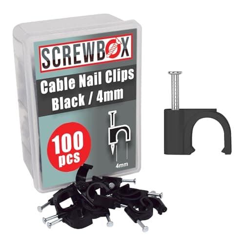 Image of SCREWBOX® Cable Nail Clips, 4 mm 100 Pcs Nail-In Clips, Strong Durable Black Round Cable Tacks, Wall Wire Tidy Holder Pins, for wood | concrete | plasterboard