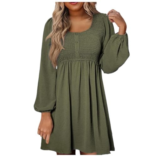 Image of Pirate Costume Women's Swing Ruffle Dress with Long Puff Sleeves Skater Dress Plain A-line Dress Knee-Length Patchwork Dress Short Cocktail Dress Party Carnival Costume Long Sleeve, Army Green, L