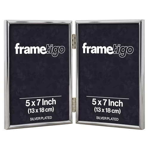 Image of Frametigo - Silver Plated Thin Edge Double Photo Frame, 5"x7" (13x18cm) Photo Size - Portrait Orientation - Modern & Sleek Design - Traditional Silver Picture Frames - Tarnish Resistant