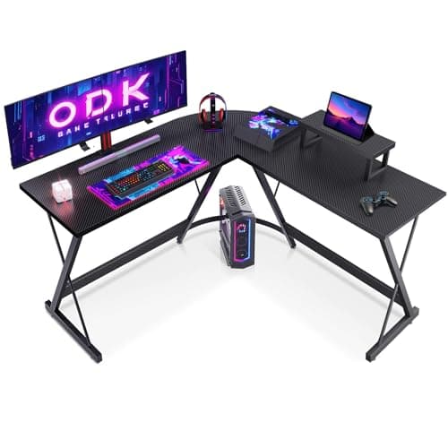 Image of ODK L Shaped Gaming Desk, 127x127 cm Corner Computer Desk with Monitor Stand, Gaming Table with Storage Bag for Gaming, Home, Office, Carbon Fibre Black