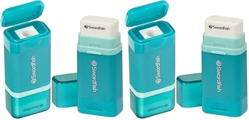 Image of Swordfish Combo Pencil Sharpener with Mess-Free Canister and Eraser [Pack of 2] Turquoise [40294]