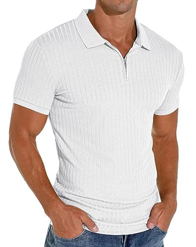 Image of PrinStory Men's Polo Shirts Short Sleeve Slim Fit Casual Shirts Classic Stretch Polo T Shirt Golf Shirts (White, L)