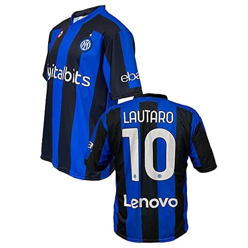 Image of ZeroPlayer Inter Lautaro Martinez 10 Home Jersey 2021 2022 Official Replica (Size 2 4 6 8 10 12 Years Boys Boy) (Size S M L XL XXL Adult) Blue, Black, Gold 100% Polyester, unisex_adult, Gold, 10 Year