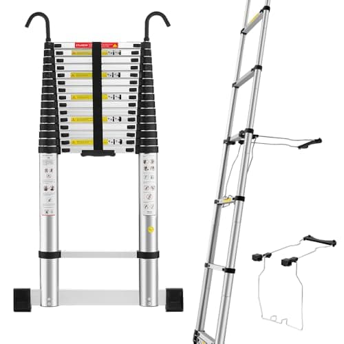 Image of STANEW Telescopic Ladder 6.2 M,Aluminium Ladders Extendable with Exclusive Custom Stabilizer, Stabilizer Bar, Detachable Hooks, Multi-Purpose Telescoping Ladder with Triangular Thickened Non-Slip Feet