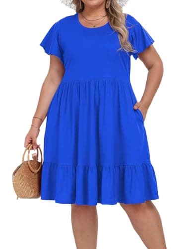 Image of Moon Wood Summer Midi Dresses for Women Casual Ruffle Short Sleeve Floral Dress with Pockets Royal Blue XL