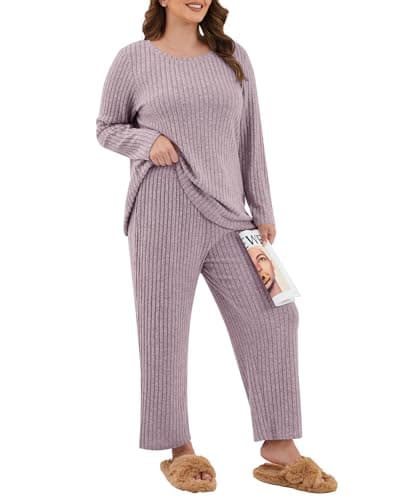 Image of TIANZHU Plus Size Long Sleeve Pajamas for Women Ribbed Nightwear PJs Loose Fit Lounge Set Soft Comfy Sleepwear, Violet, Size 30-32