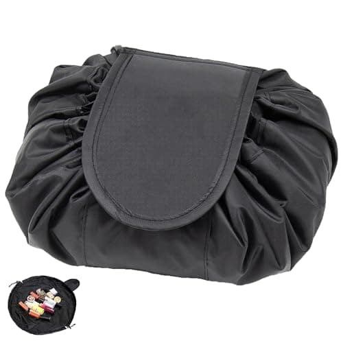 Image of Lazy Drawstring Makeup Bag, Lay Flat Makeup Bag, Large Capacity Travel Cosmetic Bag, Waterproof and Portable Makeup Bags, for Women and Girl (Black)