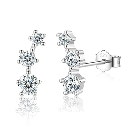 Image of Cerslimo Silver Stud Earrings for Women & Girls - Mini Climber Earrings with 3 White Cubic Zirconia | Sterling Silver, Hypoallergenic Earring Jewellery