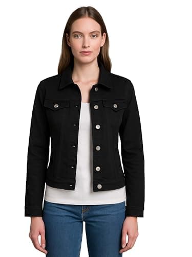 Image of kraftd Women's Denim Jackets Casual Summer Long Sleeve Jacket | Ladies Denim Jackets Button Up Slim Fit | Stretch Denim Jacket | Jacket Women UK with Collared Neckline and Pockets (Black, 18)
