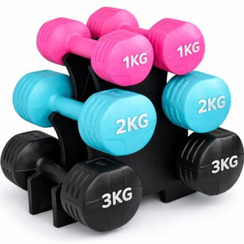 Image of Tanness 12KG Dumbbells Set 6pc with Dumbbell Rack – Adjustable Free Weights Set for Women Men Home Gym Strength Training, Hand Weights 1kg 2kg 3kg Pairs, Pink Blue Black