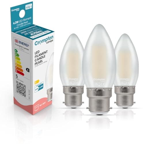 Image of Crompton Lamps Filament Candle LED Light Bulb BC-B22d | 4.2W = 40W Equivalent | Warm White 2700K | Energy Efficient | Bayonet Lightbulb | Long Life 10,000-Hrs | Pearl Glass | Dimmable | 3-Pack