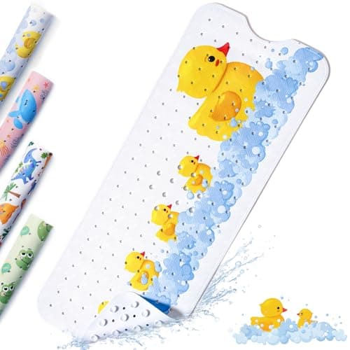 Image of Bath Mat Non Slip Cute Yellow Duck - 100x40cm Extra Long Kids Bath Mat Anti Mould, Machine Washable Toddler Shower Mat with Suction Cups for Secure Grip, Easy Clean & Fast Drying