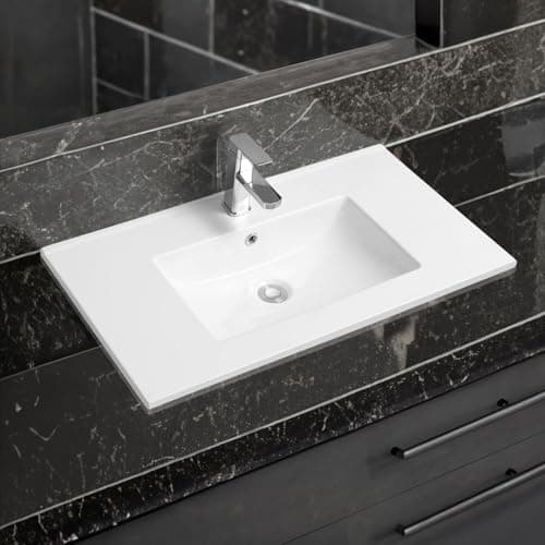 Image of Limoge 4001A Ceramic 81cm Thin-Edge Inset Bathroom Basin with Scooped Bowl - Modern Drop-in Self-Rimming Top-Mount Rectangular Sink for Vanity or Countertop Installation