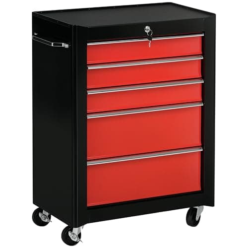 Image of HOMCOM 5-Drawer Lockable Steel Tool Storage Cabinet with Wheels Handle 2 Keys Organisation Box Unit Chest Garage DIY Workshop Trolley Red