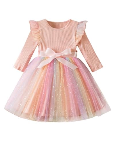 Image of JiAmy Rainbow Dresses for Girls Ruffle Long Sleeves Dress Kids Sequins Ribbed Knit Tulle Skirt with Belt Party Birthday Dress for 4-5 Years, Pink