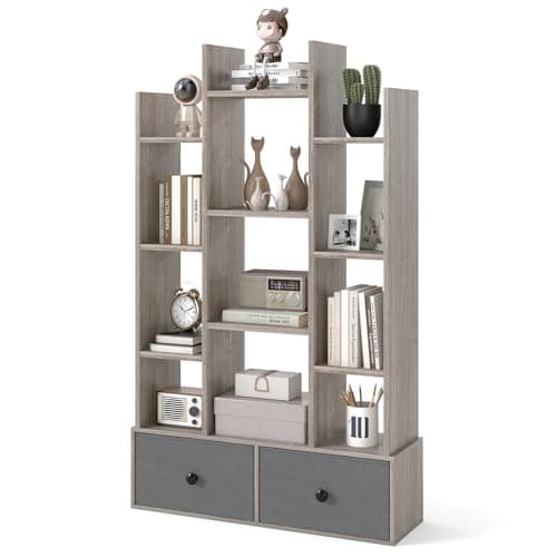 Image of COSTWAY Tree Bookshelf, 7/12-Tier Wooden Bookcase Storage Shelving Unit with Folding Drawer, Freestanding Magazine Book Display Rack for Home Office Living Room (Grey with 2 Drawers, 12-Tier)