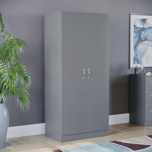 Image of Vida Designs Riano 2 Door Wardrobe | Grey | Bedroom Furniture | 170H x 76W x 53D cm | with Shelf & Hanging Rail | Large Capacity Storage