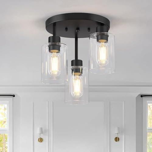 Image of Farmhouse Ceiling Light Fixture, Feanron Black Semi Flush Mount Ceiling Light Fixtures with Clear Glass Shade, Vinatge Ceiling Pendant Lamp for Kitchen Living Room Bedroom