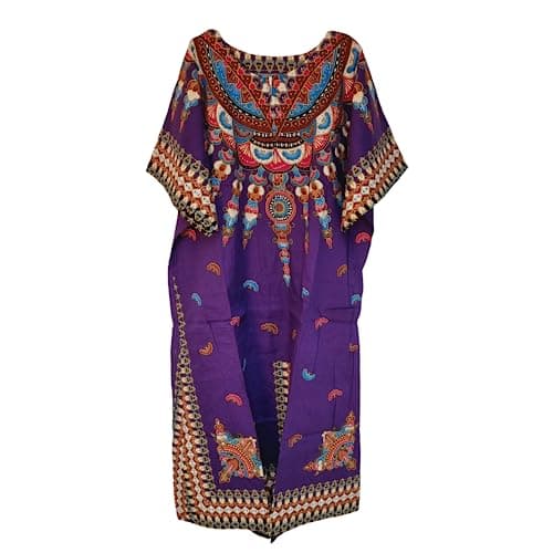 Image of Womens 100% Cotton Long Kaftan Dress Summer Dashiki African Print One Size Loose Baggy Style Beach Cover (Purple)