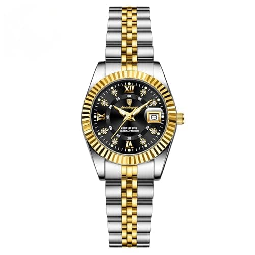 Image of Poedagar Luxury Watch for Woman Luminous Waterproof Date Stainless Steel Diamond Ladies Watch Fashion Casual Quartz Women's Watches, Gold Black