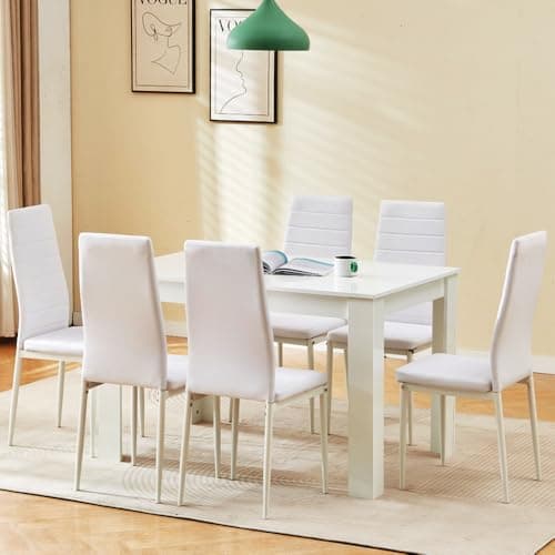Image of Homullel 7 Piece Dining Room Table and Chairs Set for Dining Room, Modern 120cm White High Gloss Dining Table with 6 White Leather Chairs for Family Dinner Set Space Saving