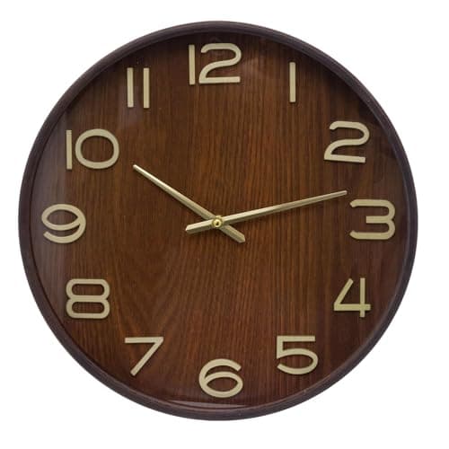 Image of Carousel Home Dark Wood Wall Clock | Round Wooden Clock with Gold Hands for Kitchen, Living Room, Office & Rustic Decor - 38cm
