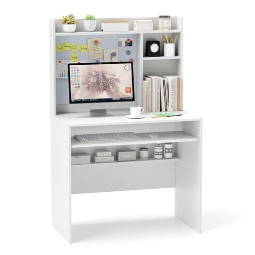 Image of CASART Computer Desk, Modern Home Office Desk PC Laptop Table with Hutch, Magnetic Bulletin Board, Keyboard Tray & Adjustable Shelf, Wooden Writing Workstation for Study Bedroom Office (White)
