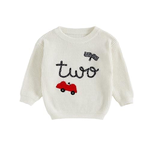 Image of MAHUAOYIXI Toddler Baby Boy 1st/2nd Birthday Sweater Long Sleeve Car Letter Embroidery Jumper Knit Sweatshirt Warm Knitted Pullover Tops Knitwear Boys First Birthday Outfits (White Two, 2-3 Years)