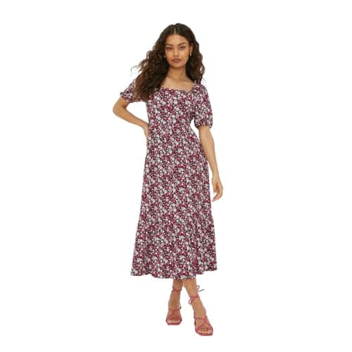 Image of Dorothy Perkins Petite Pink Ditsy Square Neck Tiered Jersey Midi Dress, 10, Pink