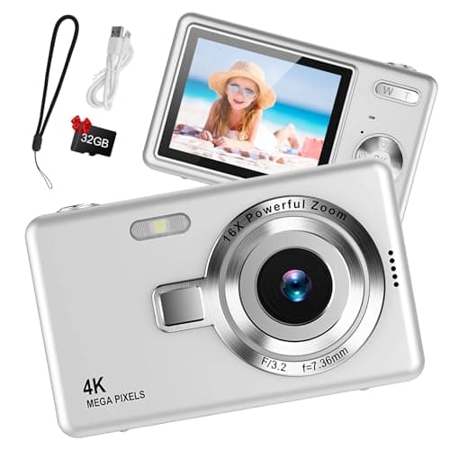 Image of Digital Camera 1080P FHD 44MP with 2.4" LCD Screen,16X Digital Zoom, Compact Portable Vlogging Camera with 32gb SD Card for Kids Teen Students Beginner (Silver)
