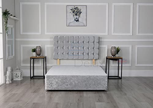 Image of Comfy Deluxe LTD 3FT Single Bed base with 20 Inch Cubic Headboard - Silver Crushed Velvet Divan Bed Frame with No Mattress Included, Chrome Glider Feet & 2 Drawers Same Side - UK Made
